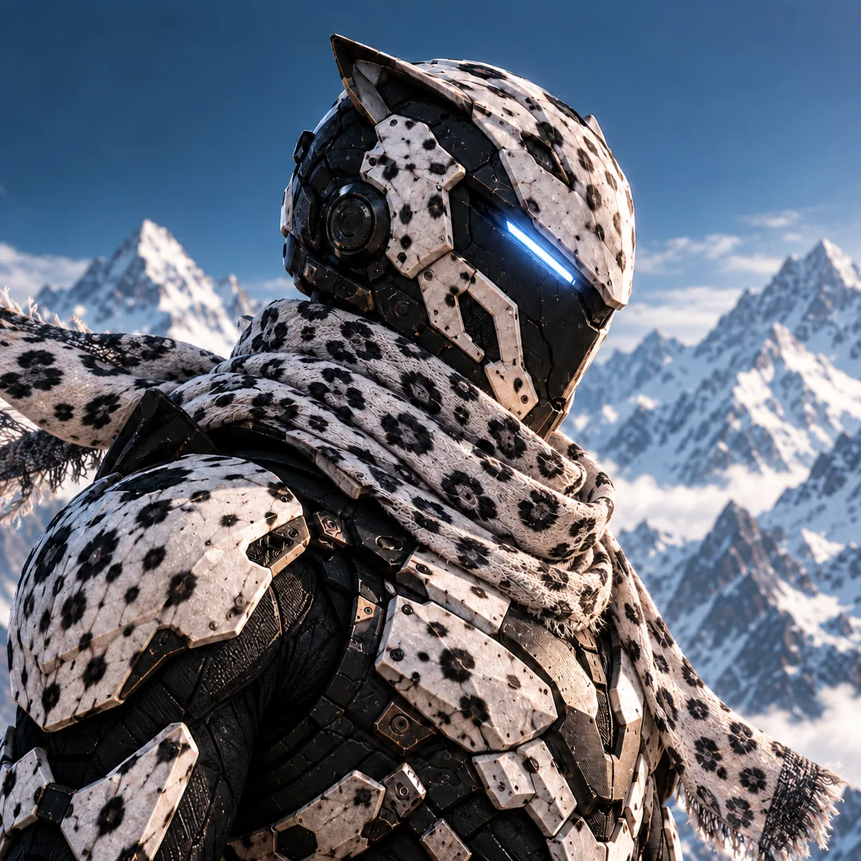 Aren as Ghost in snow-leopard-inspired armour and spotted scarf, his visor glowing icy blue against Himalayan peaks