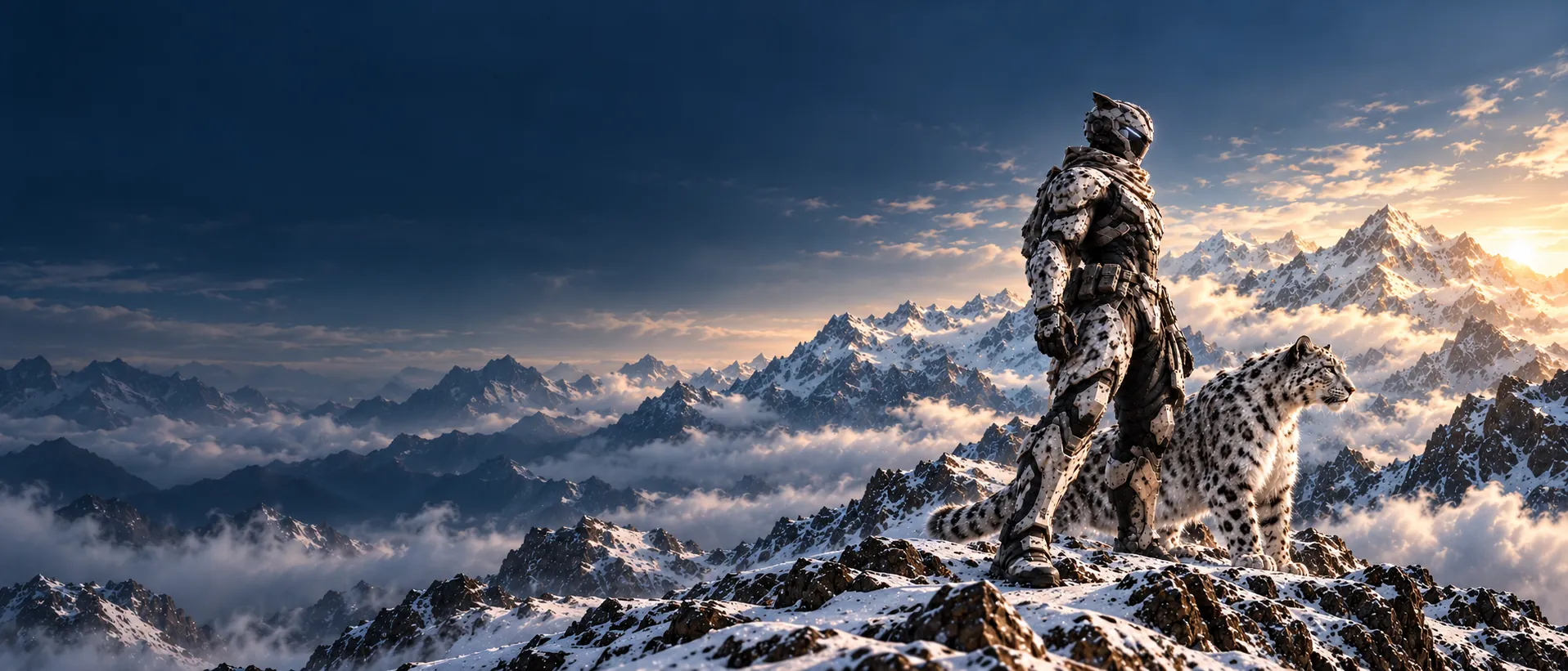 Ghost and a snow leopard overlooking the Himalayan mountains